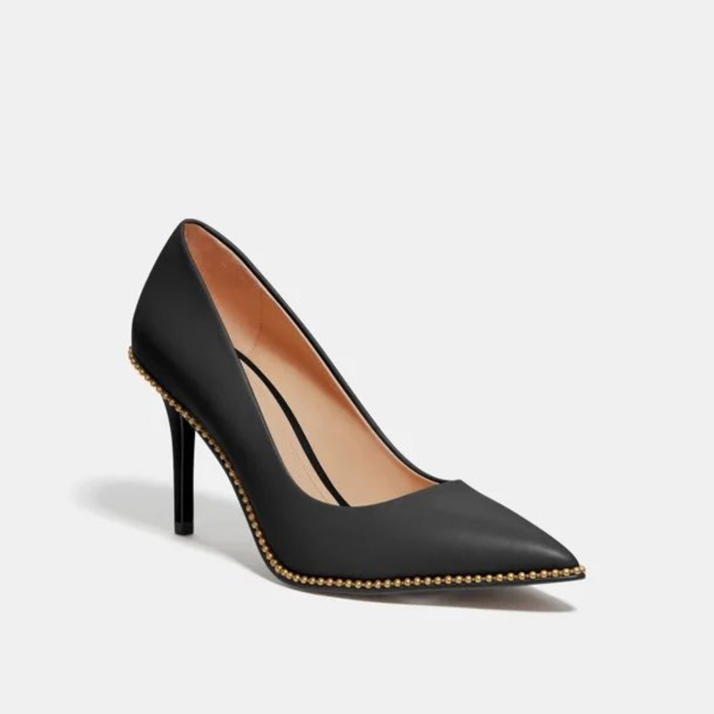 Coach Black Leather Pointed Toe Pumps Gold Bead Trim Stiletto Heels Size 7.5